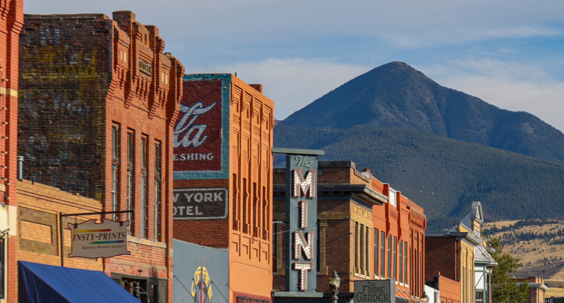 Historic downtown Livingston, Montana with mountain views