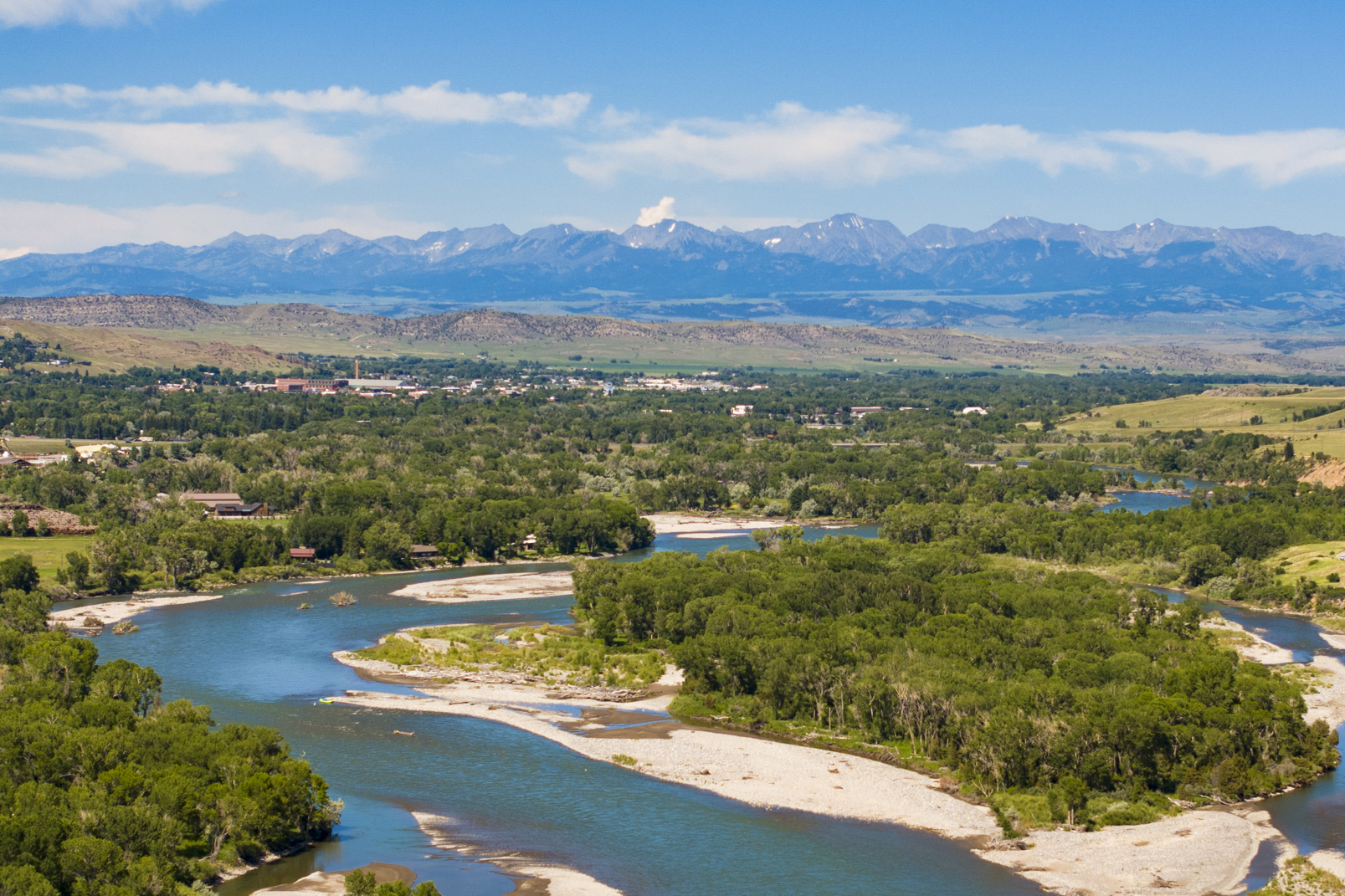 Yellowstone River flowing into Livingston, Montana with the Crazy Mountains